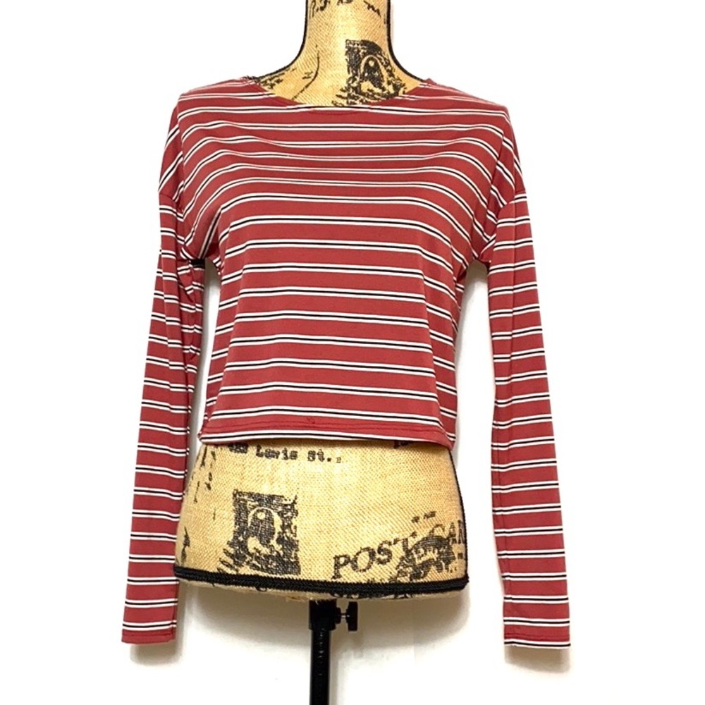 Emory Park Red Long Sleeve Striped Crop Top S